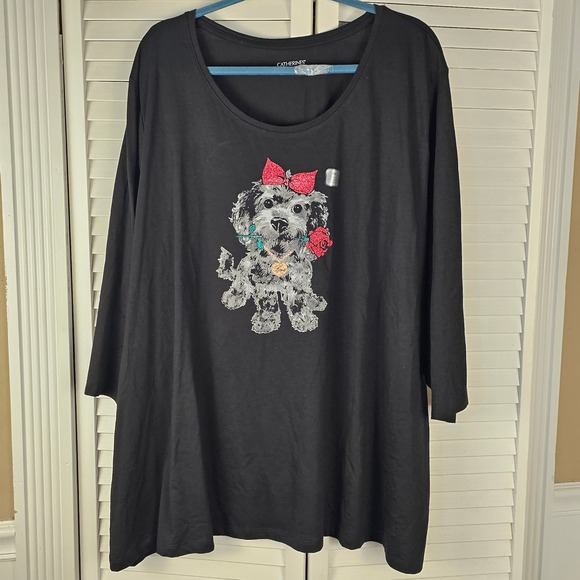 NWT Catherine's Womens Black 3/4 Sleeve Dog With Rose Bow Shirt Top 4X - Picture 1 of 6
